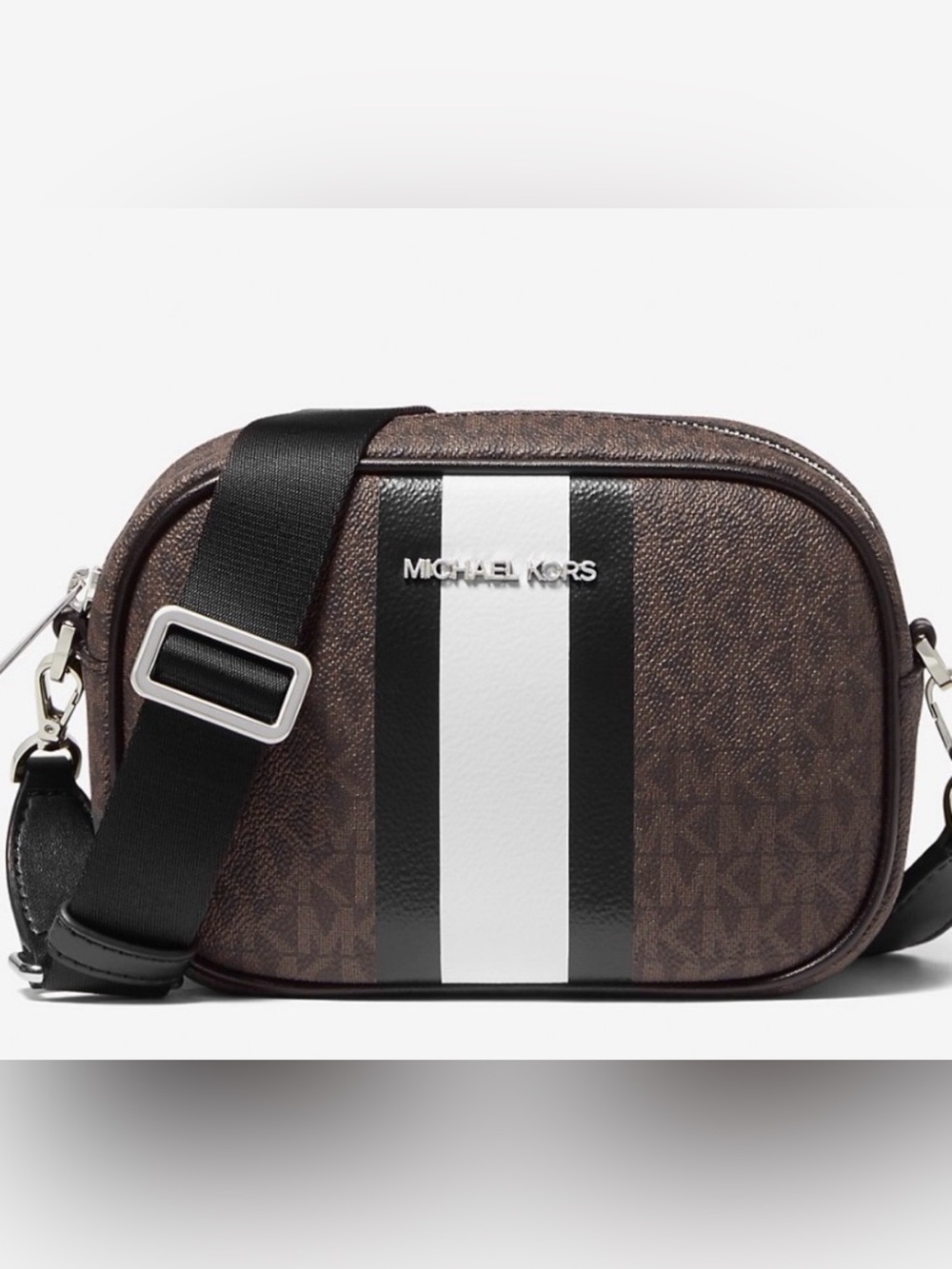 Michael Kors Brown Monogram Belt Bag with Black & White Stripe